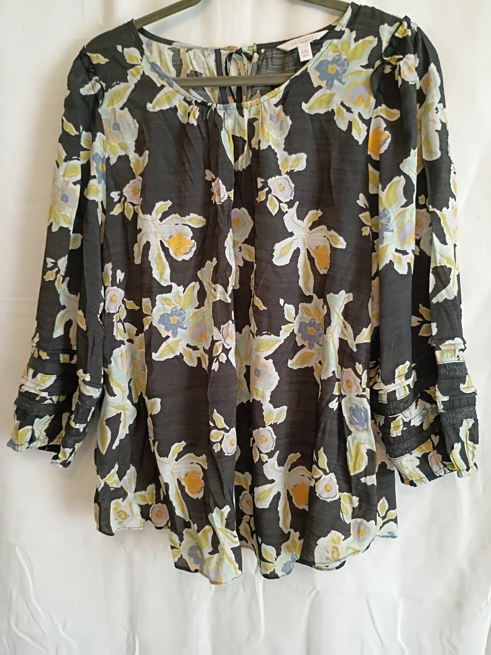 LC Lauren Conrad Black Floral Blouse with Yellow & Light Blue Accents Size Xxl